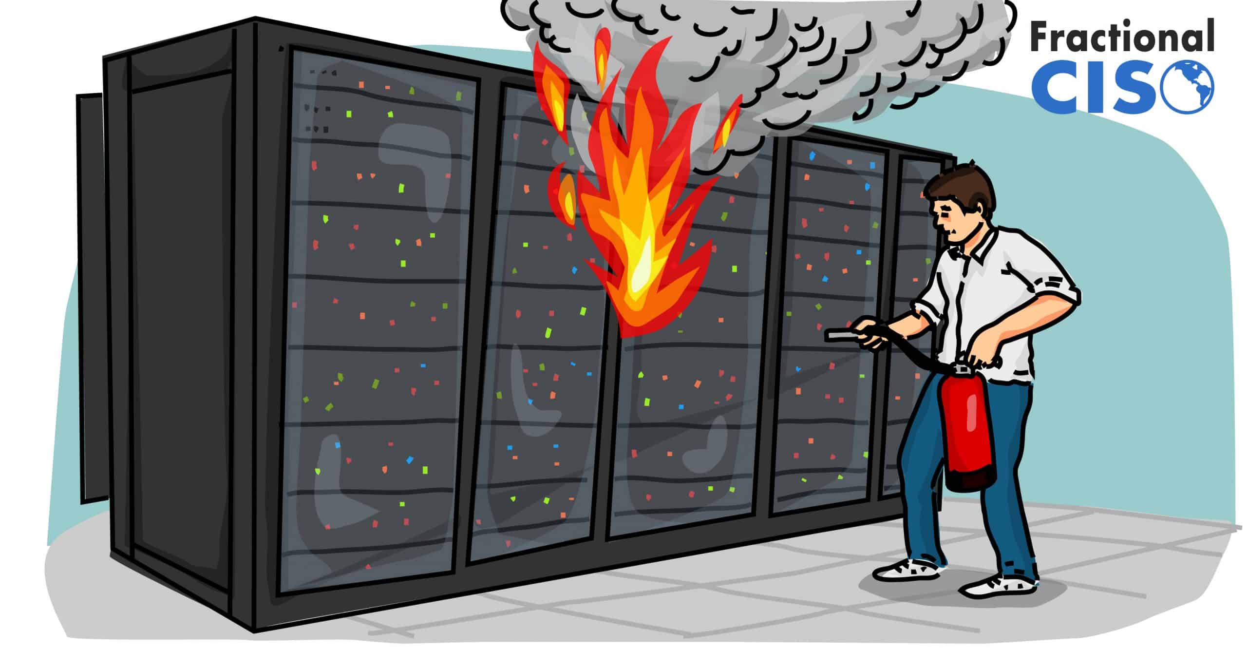 Server rack on fire with man pointing fire extinguisher at it.