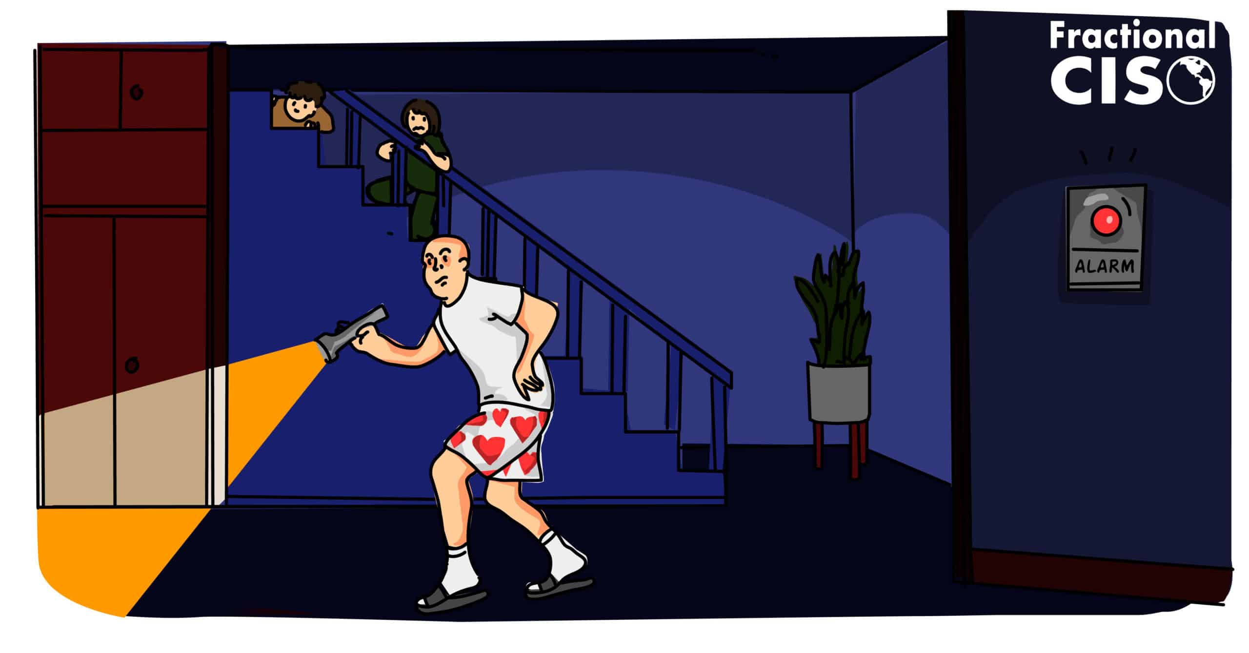 Man in pajamas investigating a physical security alarm at night.